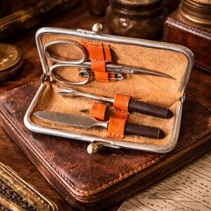 Vintage Travel Manicure Grooming Kit – Orange Leather Case